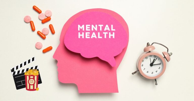 Pink paper cutout of a head with MENTAL HEALTH text and movie icon at side