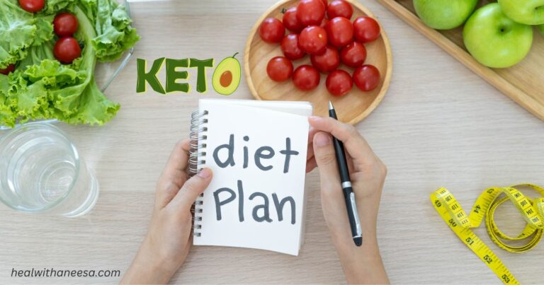 fruits on table with hands holding paper in center written "diet plan" on it