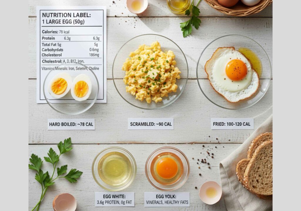 A flat lay illustrates egg nutrition, showing the label, calories for boiled, scrambled, and fried eggs, and separated yolkwhite components