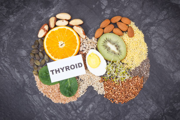 Nutritious natural ingredients in shape of thyroid. Healthy food containing vitamins and minerals. Problems with thyroid concept